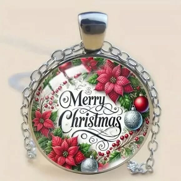 Silver MERRY CHRISTMAS Glass Cabochon Pendant Necklace - Picture 3 of 3